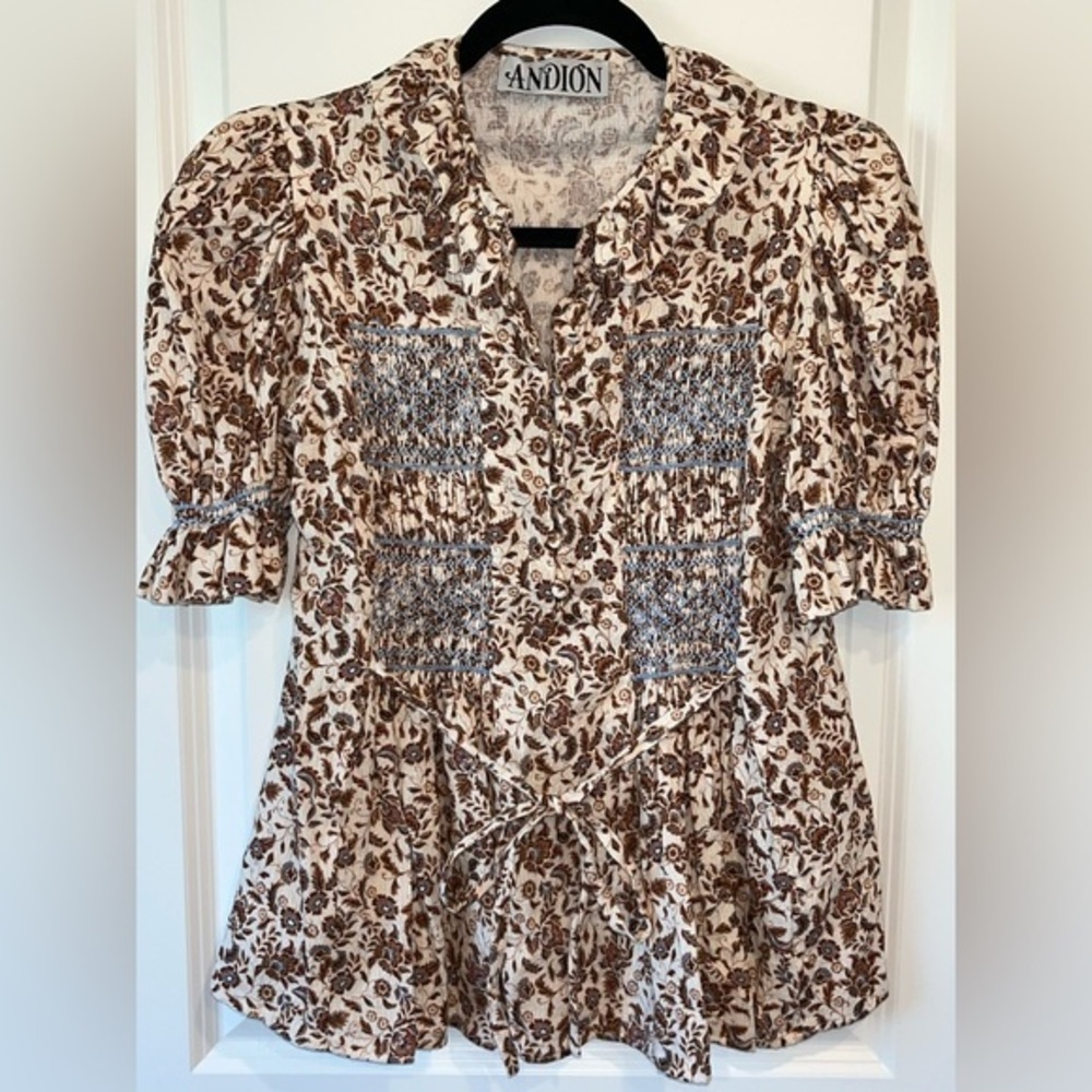 Andion Spain Bespoke Romantic Smocked Ruffle garden party Blouse Women’s Size S